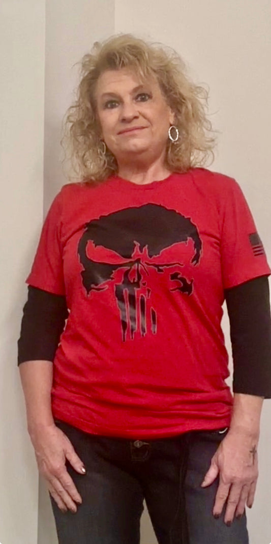 Red Punisher T Shirt with Bar & Shield