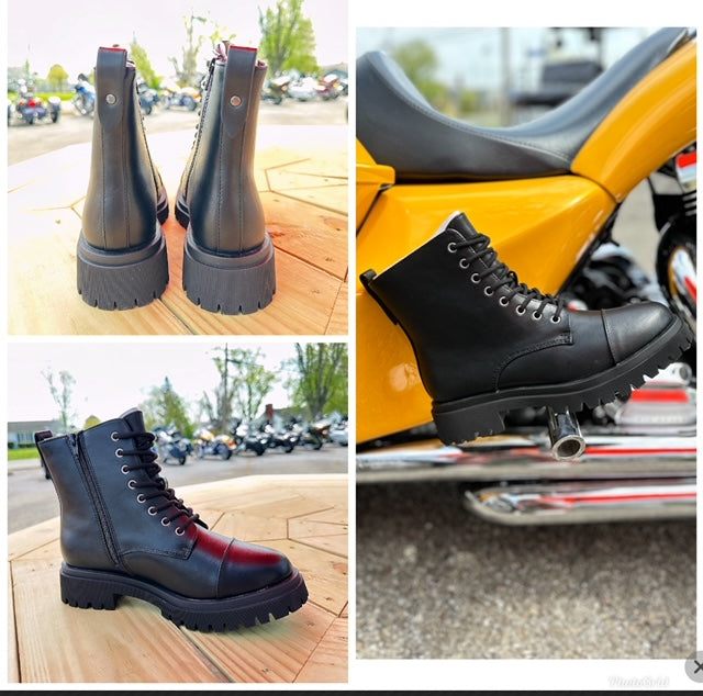 New Ladies Black Motorcycle Lace-up Boots